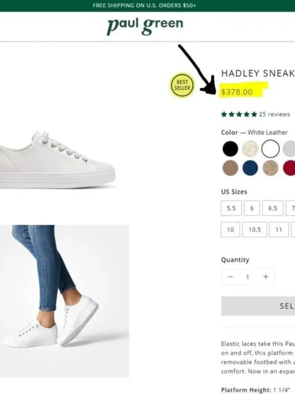 Paul Green Hadley Platform Low Sneakers White Leather Womens Size 7.5 Austria
